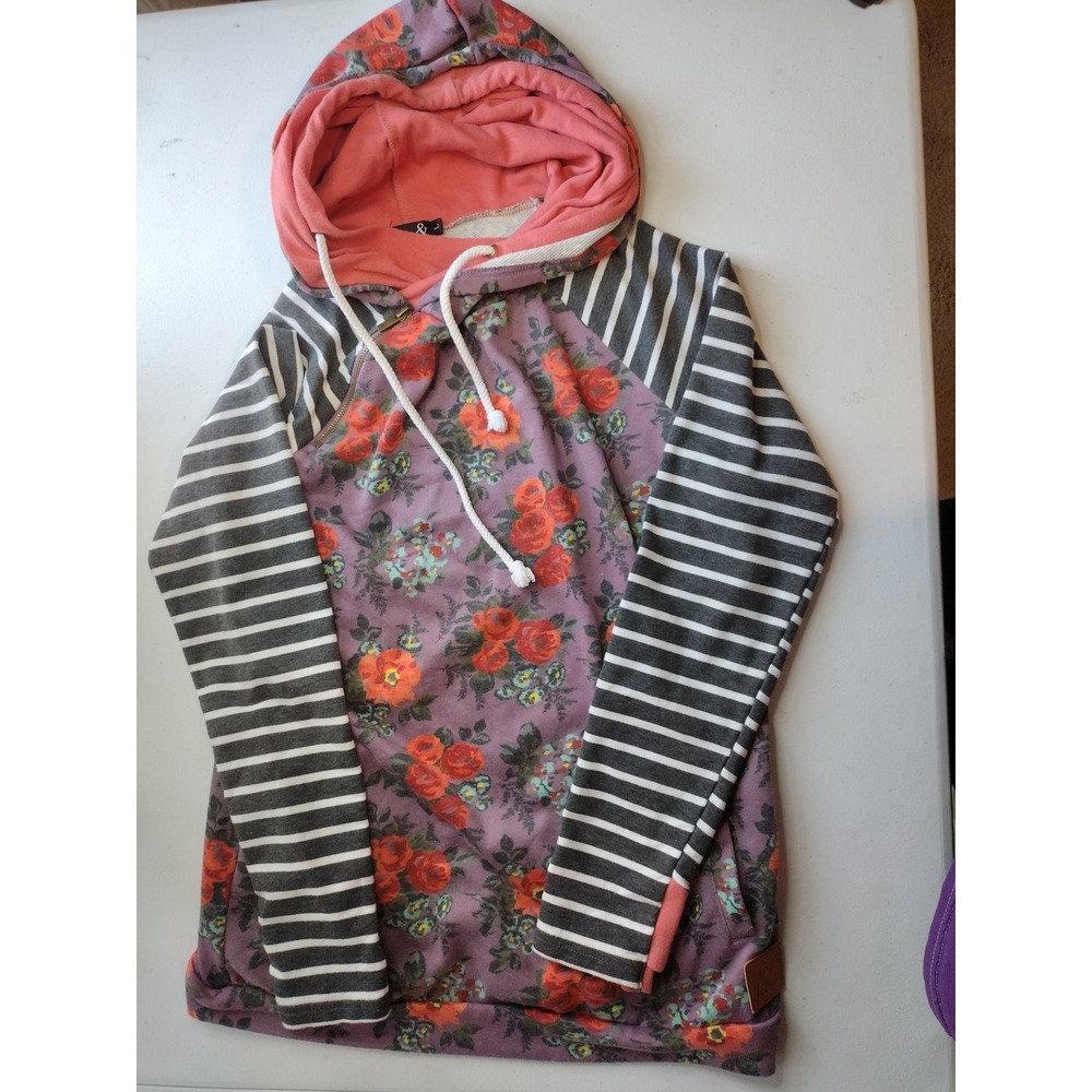 Floral Patchwork Pullover Hoodie in Mauve and Coral